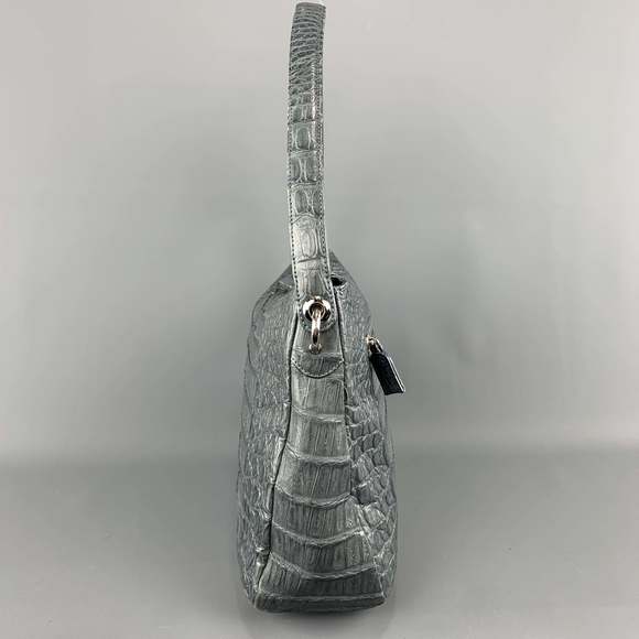 Muted Blue Grey Crocodile Skin Leather Top Handle Handbag - Picture 7 of 11